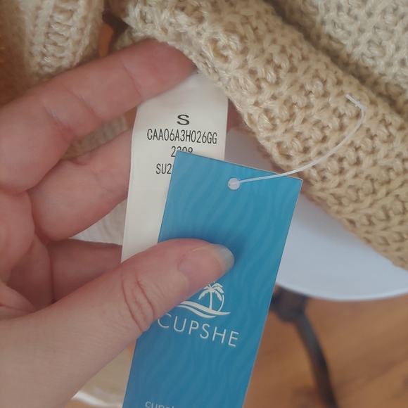 NWT Cupshe Brown Beige Pointelle V Knit Crochet Long Light Spring Sweater S - Picture 11 of 13